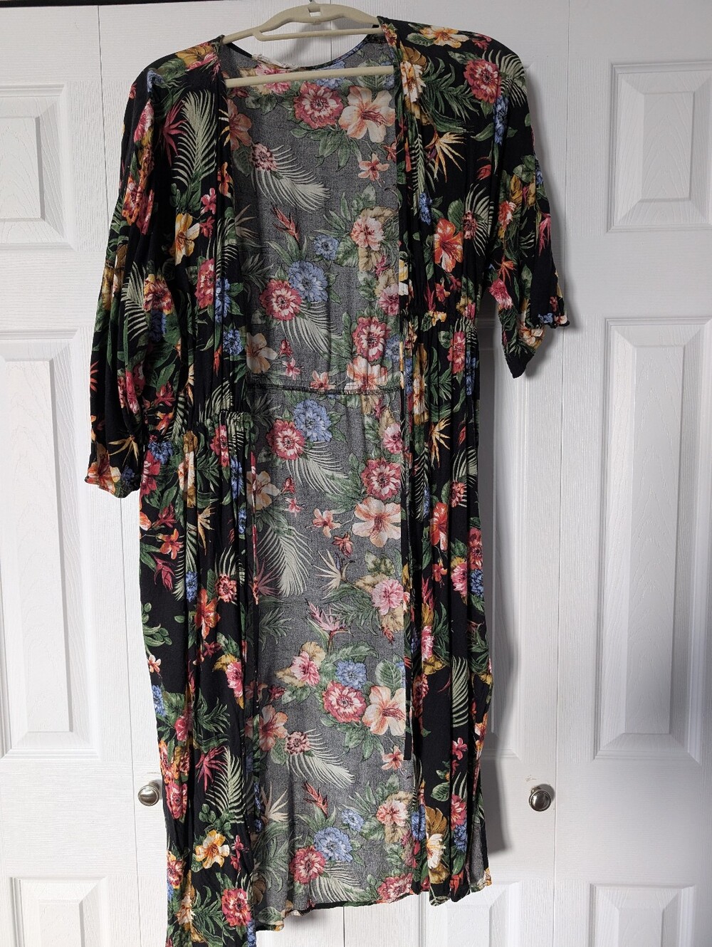 Floral Black Maxi Kimono - Floral Print